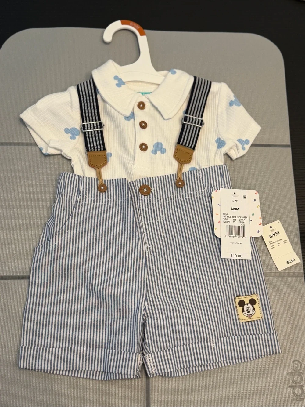 Disney Blue & White Striped Suspender Short Set with Mickey Patch